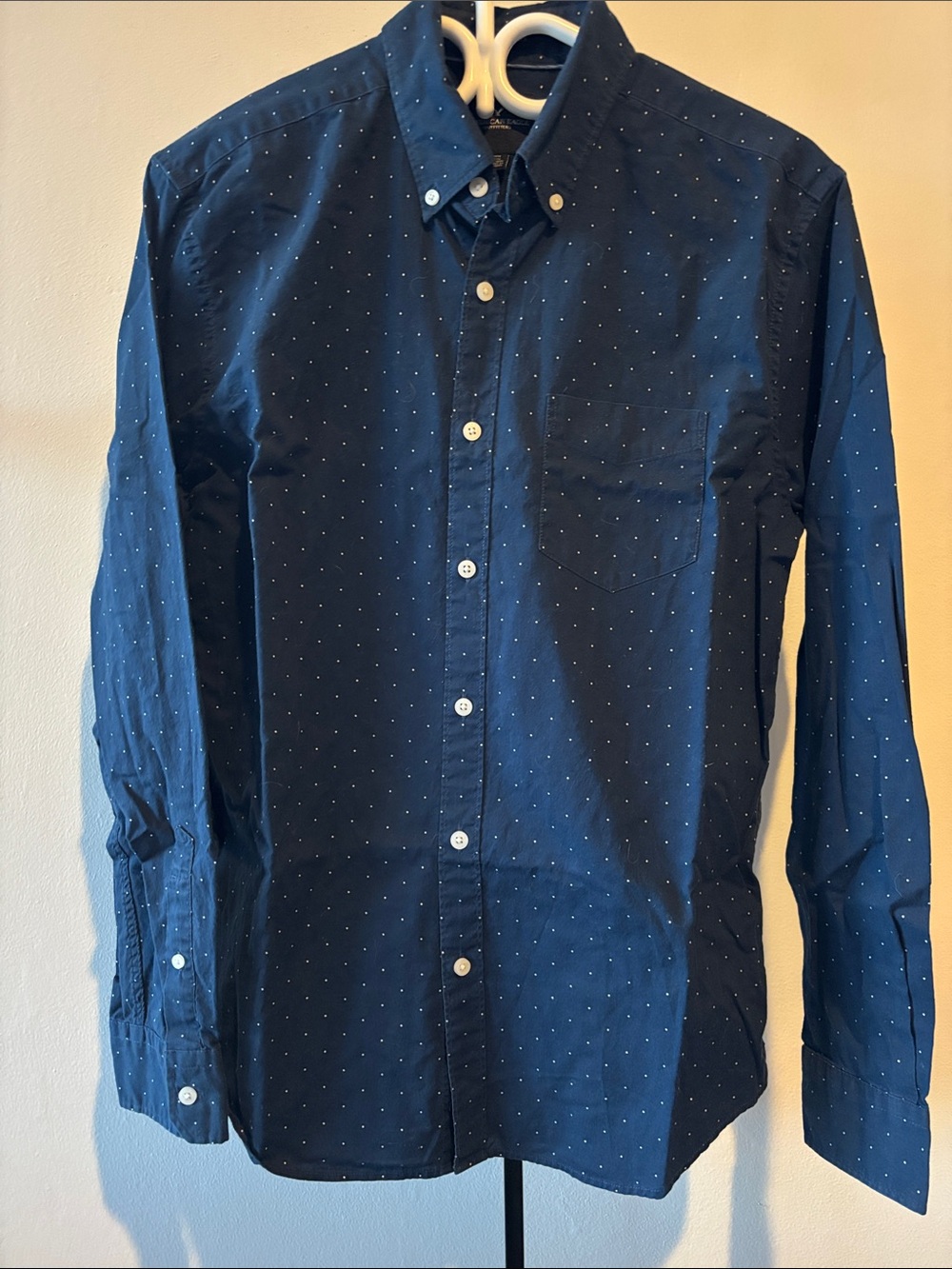 American Eagle Outfitters Navy Button-Down with Tiny Dot Pattern
